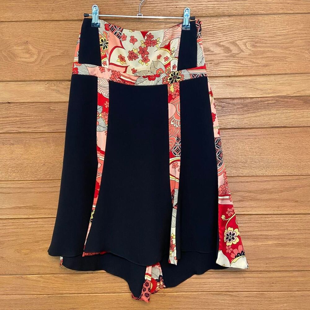 Y2K Eva Fortune pink floral black panel silk skirt
